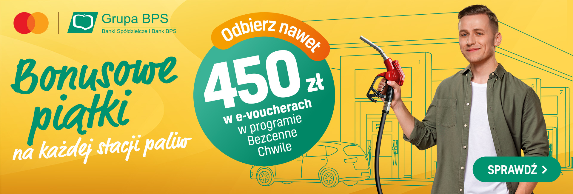 obrazek przedstawiający logo Mastercard i Banku BPS.S.A. oraz mężczyzną z pistoletem do tankowania paliwa w ręku na tle stacji beznynowej